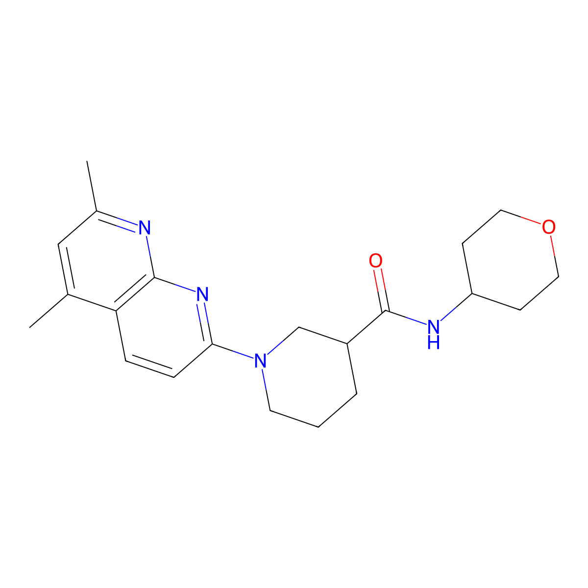 1-(5,7-dimethyl-1,8-naphthyridin-2-yl)-N-(oxan-4-yl)piperidine-3-carboxamide molecular structure, CAS 2877751-01-2