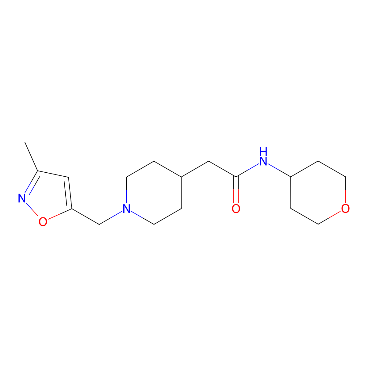 2-{1-[(3-methyl-1,2-oxazol-5-yl)methyl]piperidin-4-yl}-N-(oxan-4-yl)acetamide molecular structure, CAS 2877751-02-3