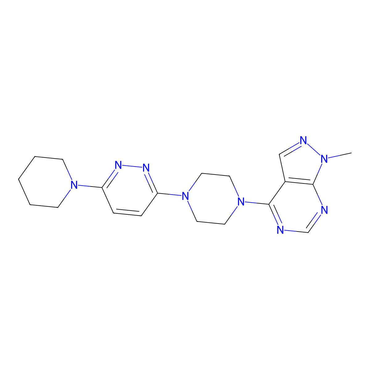 1-Methyl-4-[4-(6-piperidin-1-ylpyridazin-3-yl)piperazin-1-yl]pyrazolo[3,4-d]pyrimidine molecular structure, CAS 2877751-05-6