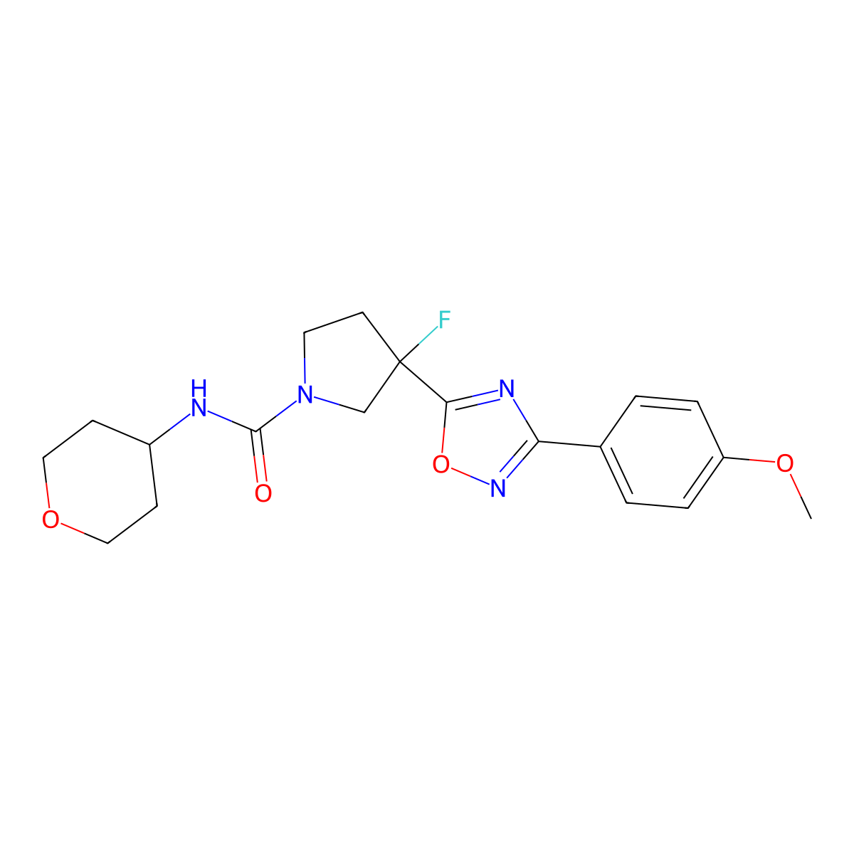 3-fluoro-3-[3-(4-methoxyphenyl)-1,2,4-oxadiazol-5-yl]-N-(oxan-4-yl)pyrrolidine-1-carboxamide molecular structure, CAS 2877751-11-4