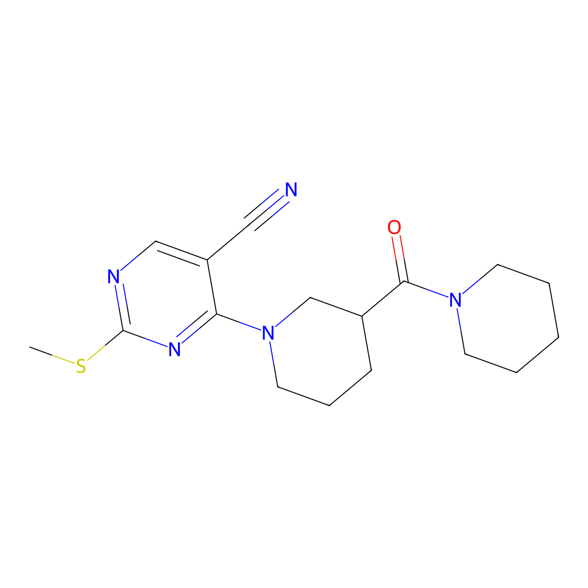 2-(Methylsulfanyl)-4-[3-(piperidine-1-carbonyl)piperidin-1-yl]pyrimidine-5-carbonitrile molecular structure, CAS 2877751-19-2