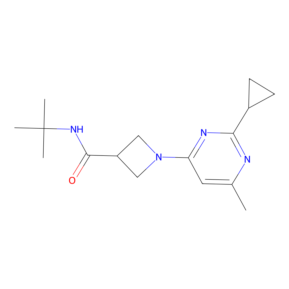 N-tert-butyl-1-(2-cyclopropyl-6-methylpyrimidin-4-yl)azetidine-3-carboxamide molecular structure, CAS 2877751-20-5