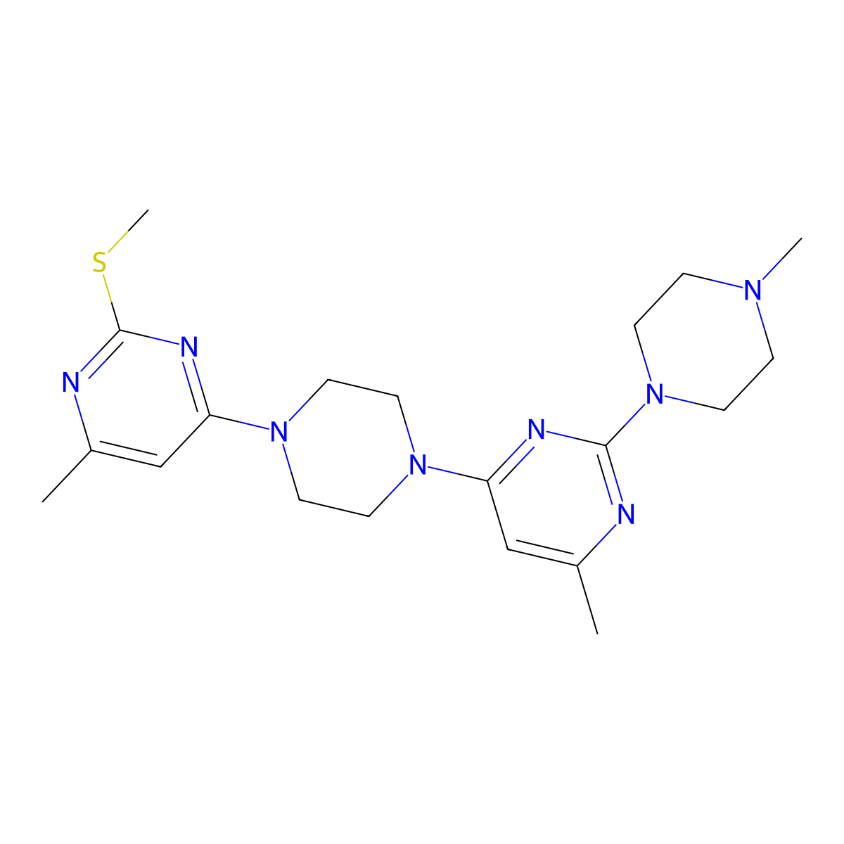 4-Methyl-6-{4-[6-methyl-2-(methylsulfanyl)pyrimidin-4-yl]piperazin-1-yl}-2-(4-methylpiperazin-1-yl)pyrimidine molecular structure, CAS 2877751-28-3