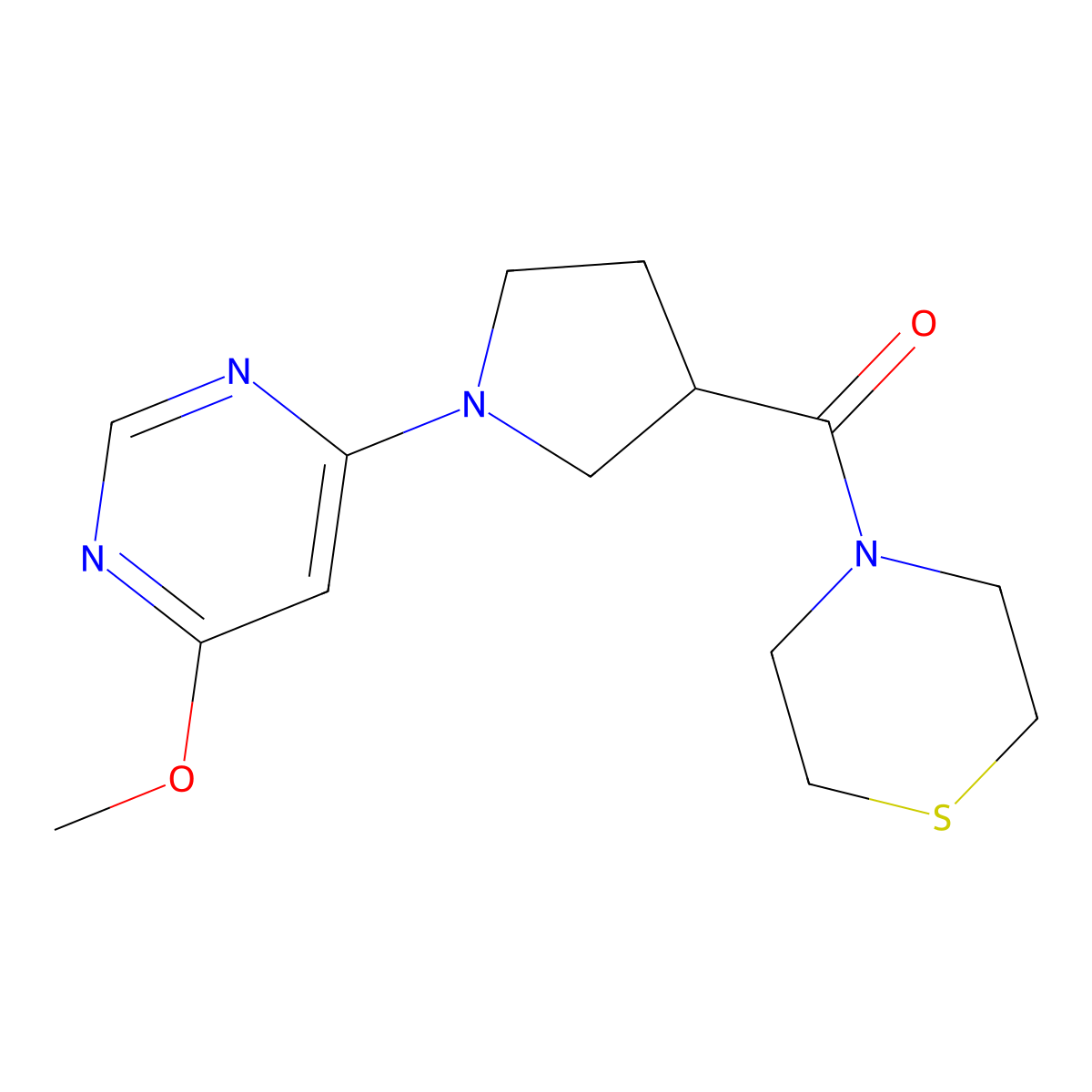 4-[1-(6-Methoxypyrimidin-4-yl)pyrrolidine-3-carbonyl]thiomorpholine molecular structure, CAS 2877751-30-7