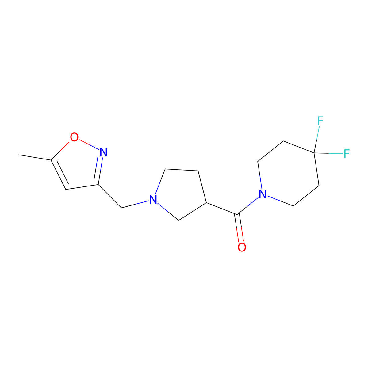 4,4-Difluoro-1-{1-[(5-methyl-1,2-oxazol-3-yl)methyl]pyrrolidine-3-carbonyl}piperidine molecular structure, CAS 2877751-32-9