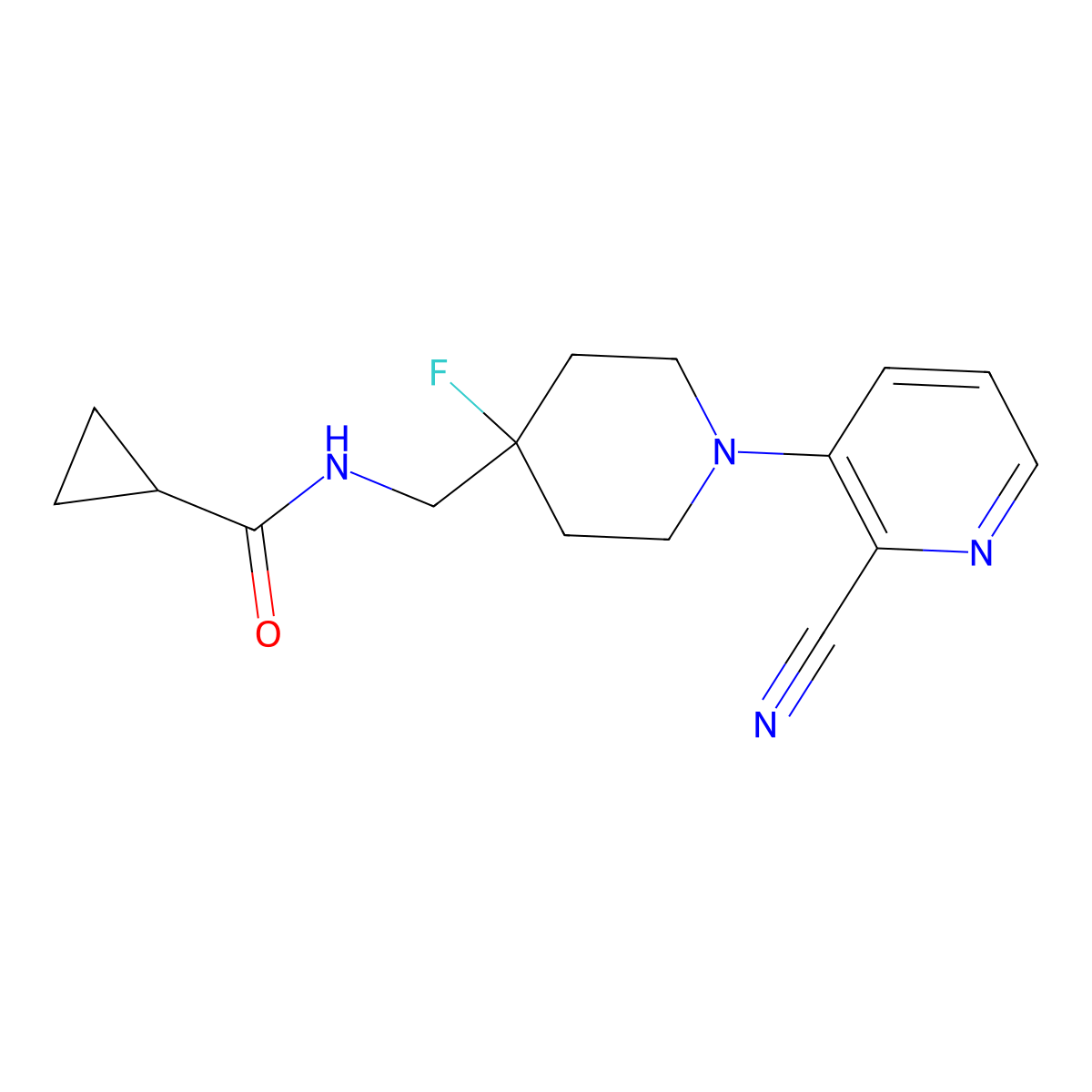 N-{[1-(2-cyanopyridin-3-yl)-4-fluoropiperidin-4-yl]methyl}cyclopropanecarboxamide molecular structure, CAS 2877751-36-3