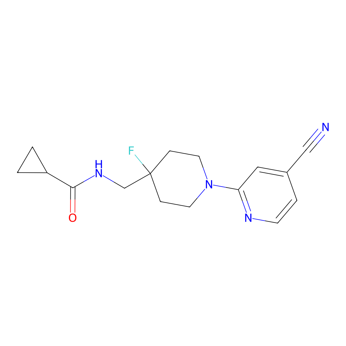 N-{[1-(4-cyanopyridin-2-yl)-4-fluoropiperidin-4-yl]methyl}cyclopropanecarboxamide molecular structure, CAS 2877751-37-4