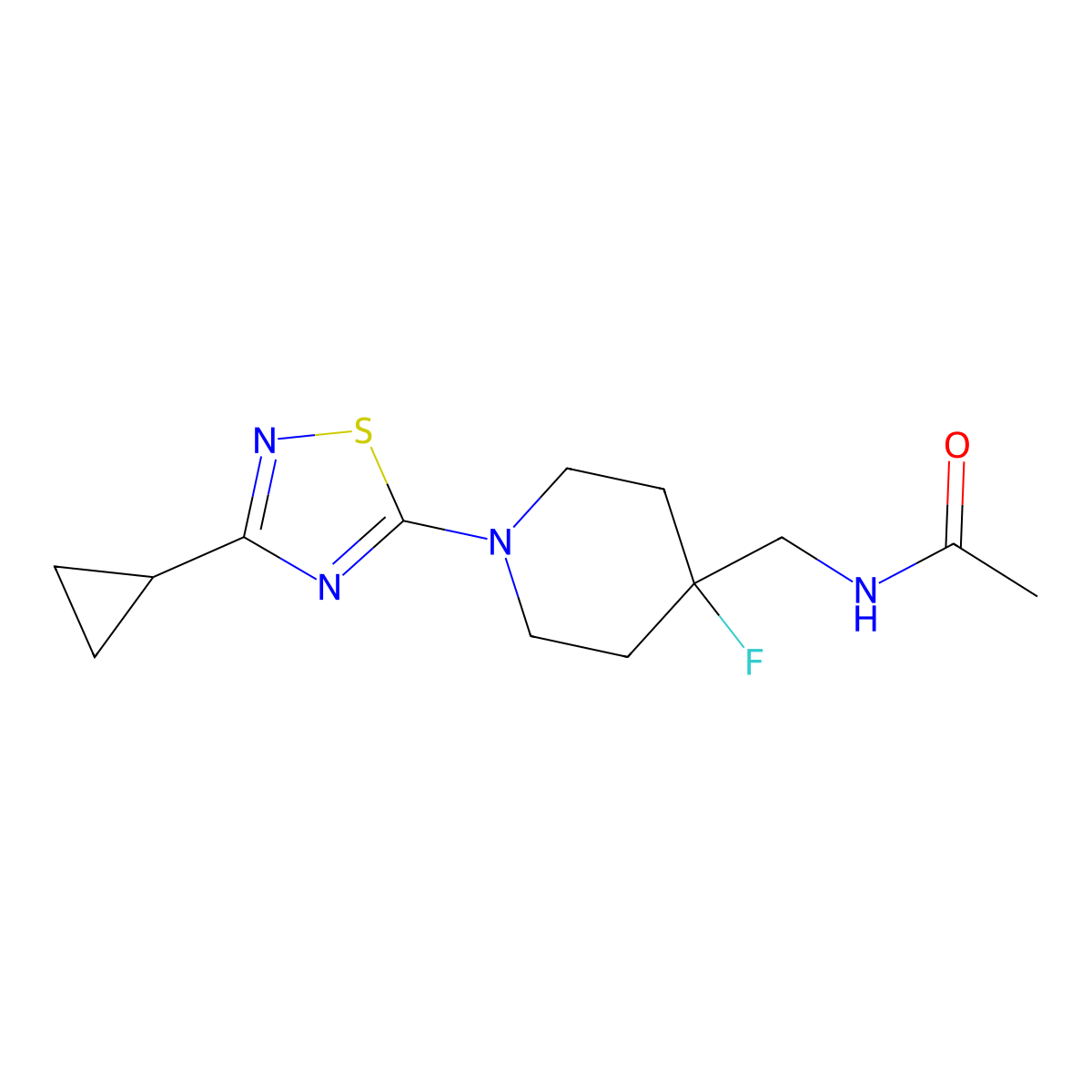 N-{[1-(3-cyclopropyl-1,2,4-thiadiazol-5-yl)-4-fluoropiperidin-4-yl]methyl}acetamide molecular structure, CAS 2877751-45-4