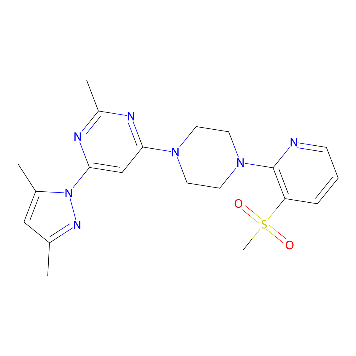 4-(3,5-dimethyl-1H-pyrazol-1-yl)-6-[4-(3-methanesulfonylpyridin-2-yl)piperazin-1-yl]-2-methylpyrimidine molecular structure, CAS 2877751-46-5