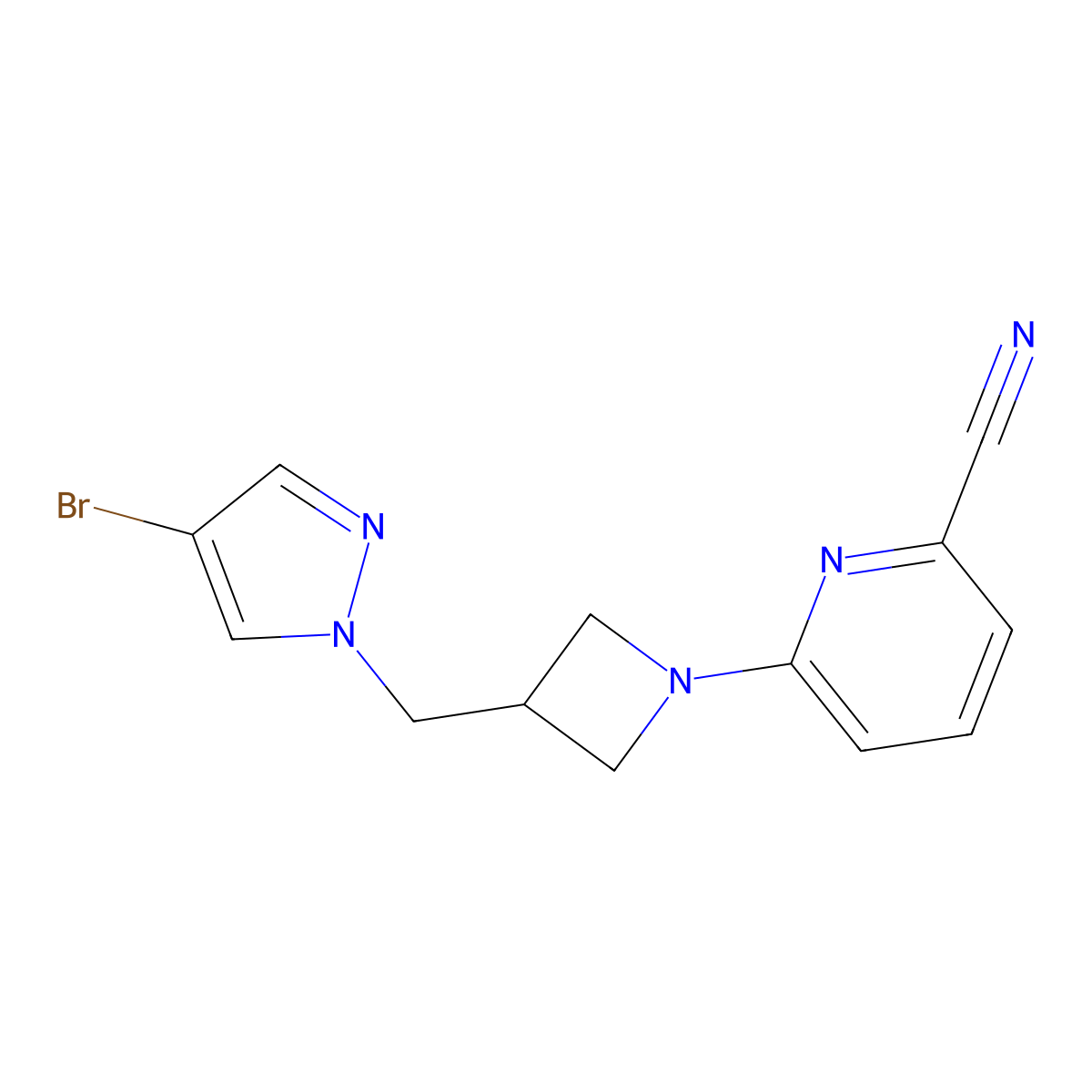 6-{3-[(4-bromo-1H-pyrazol-1-yl)methyl]azetidin-1-yl}pyridine-2-carbonitrile molecular structure, CAS 2877751-47-6