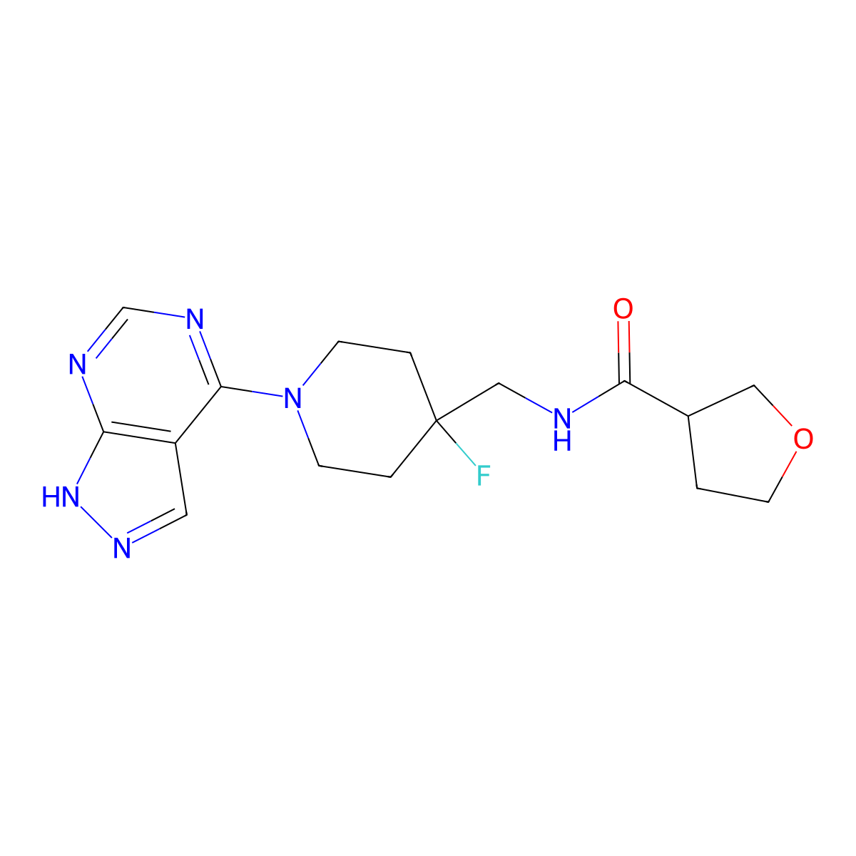 N-[(4-fluoro-1-{1H-pyrazolo[3,4-d]pyrimidin-4-yl}piperidin-4-yl)methyl]oxolane-3-carboxamide molecular structure, CAS 2877751-50-1