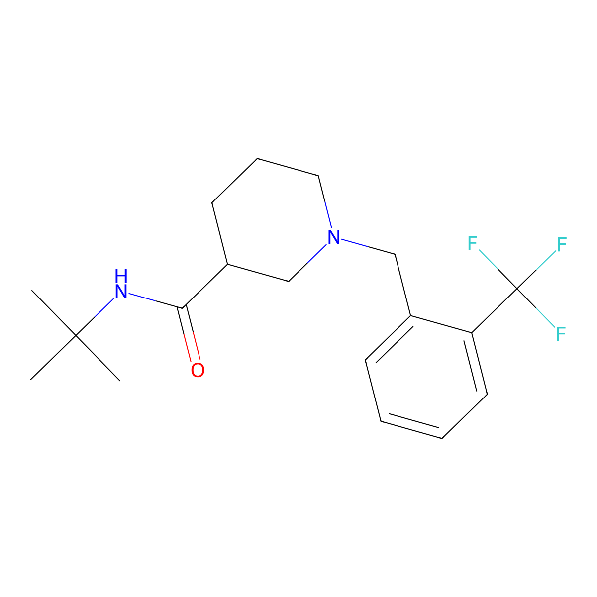 N-tert-butyl-1-{[2-(trifluoromethyl)phenyl]methyl}piperidine-3-carboxamide molecular structure, CAS 2877751-58-9