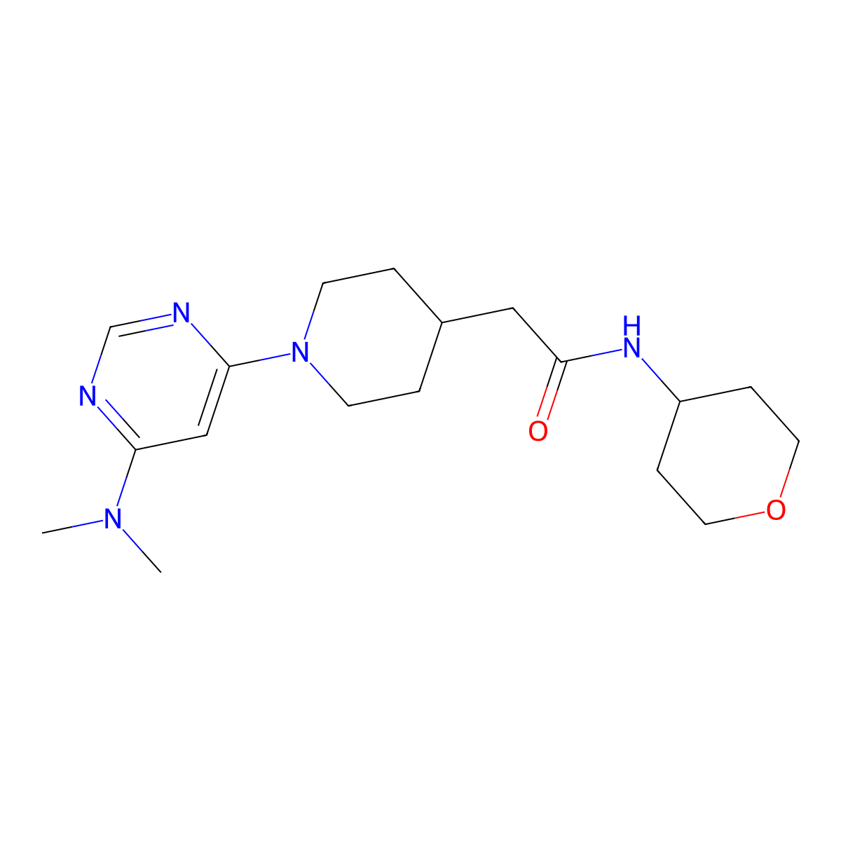 2-{1-[6-(dimethylamino)pyrimidin-4-yl]piperidin-4-yl}-N-(oxan-4-yl)acetamide molecular structure, CAS 2877751-61-4