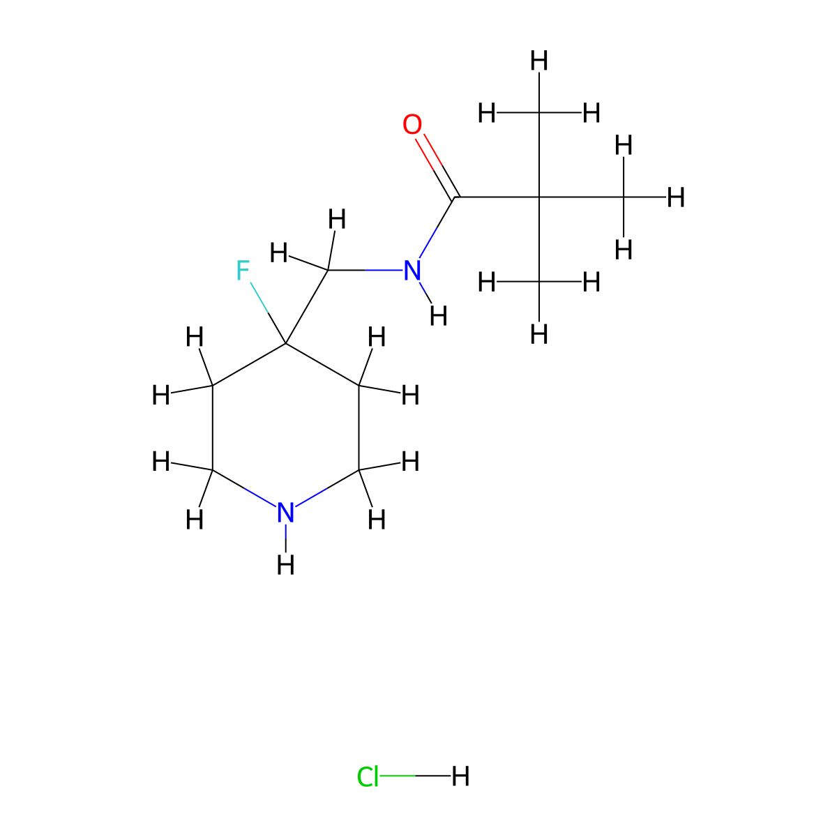 N-[(4-fluoropiperidin-4-yl)methyl]-2,2-dimethylpropanamide hydrochloride molecular structure, CAS 2877751-71-6