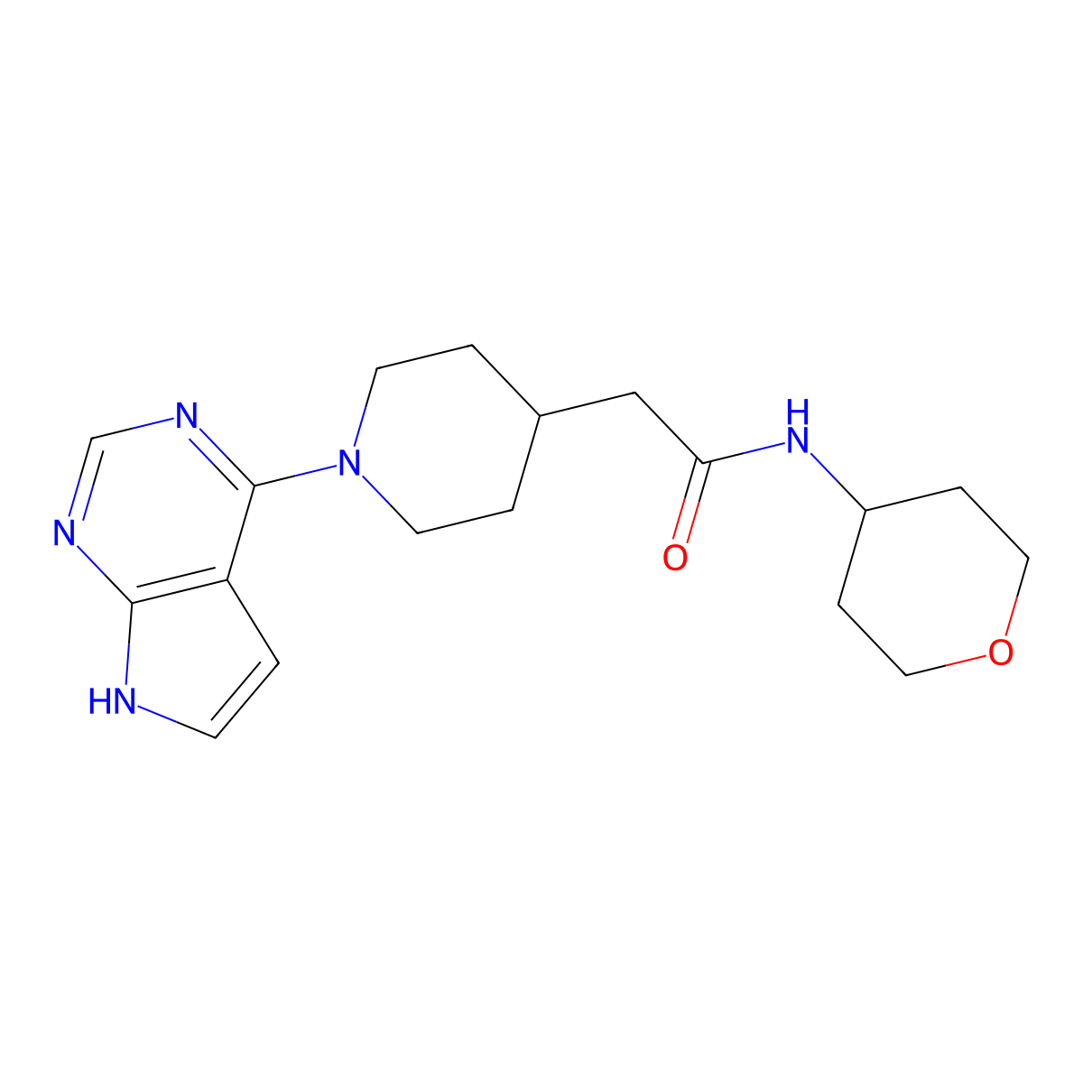 N-(oxan-4-yl)-2-(1-{7H-pyrrolo[2,3-d]pyrimidin-4-yl}piperidin-4-yl)acetamide molecular structure, CAS 2877751-80-7