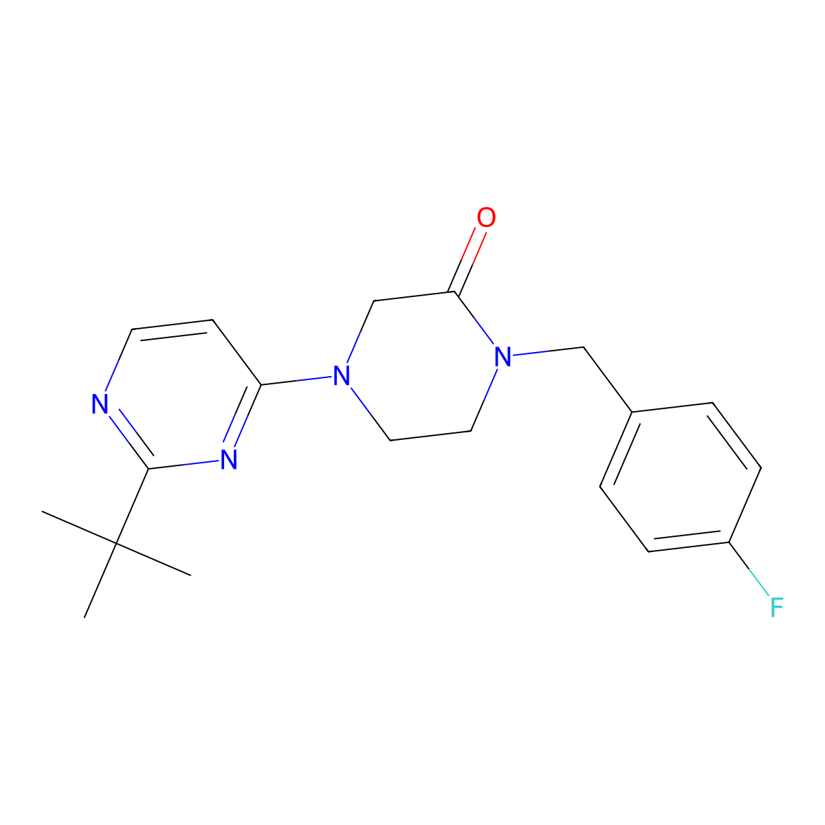 4-(2-Tert-butylpyrimidin-4-yl)-1-[(4-fluorophenyl)methyl]piperazin-2-one molecular structure, CAS 2877751-82-9