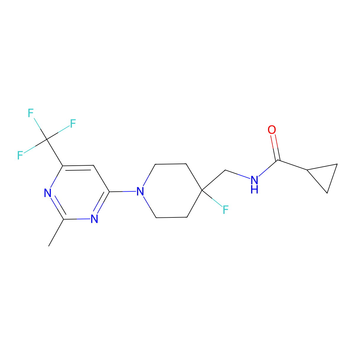 N-({4-fluoro-1-[2-methyl-6-(trifluoromethyl)pyrimidin-4-yl]piperidin-4-yl}methyl)cyclopropanecarboxamide molecular structure, CAS 2877751-96-5