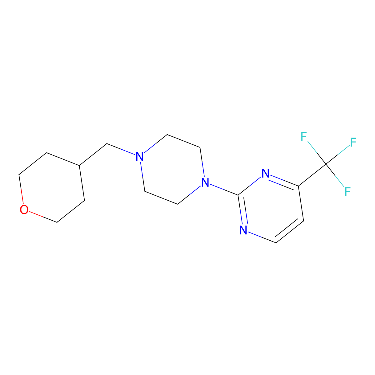 2-{4-[(Oxan-4-yl)methyl]piperazin-1-yl}-4-(trifluoromethyl)pyrimidine molecular structure, CAS 2877760-84-2