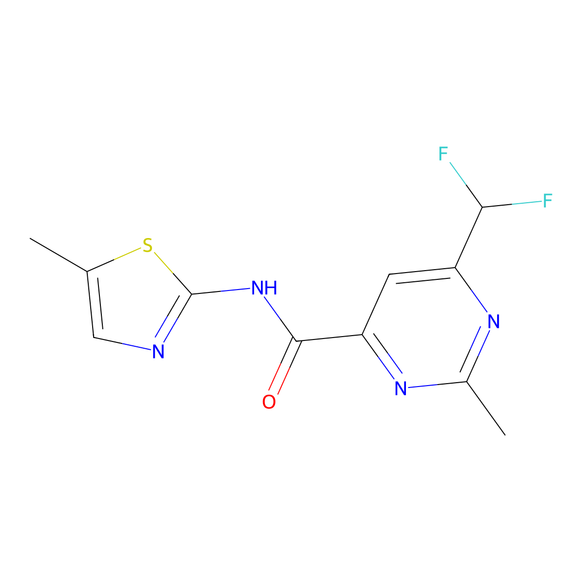 6-(difluoromethyl)-2-methyl-N-(5-methyl-1,3-thiazol-2-yl)pyrimidine-4-carboxamide molecular structure, CAS 2877760-89-7