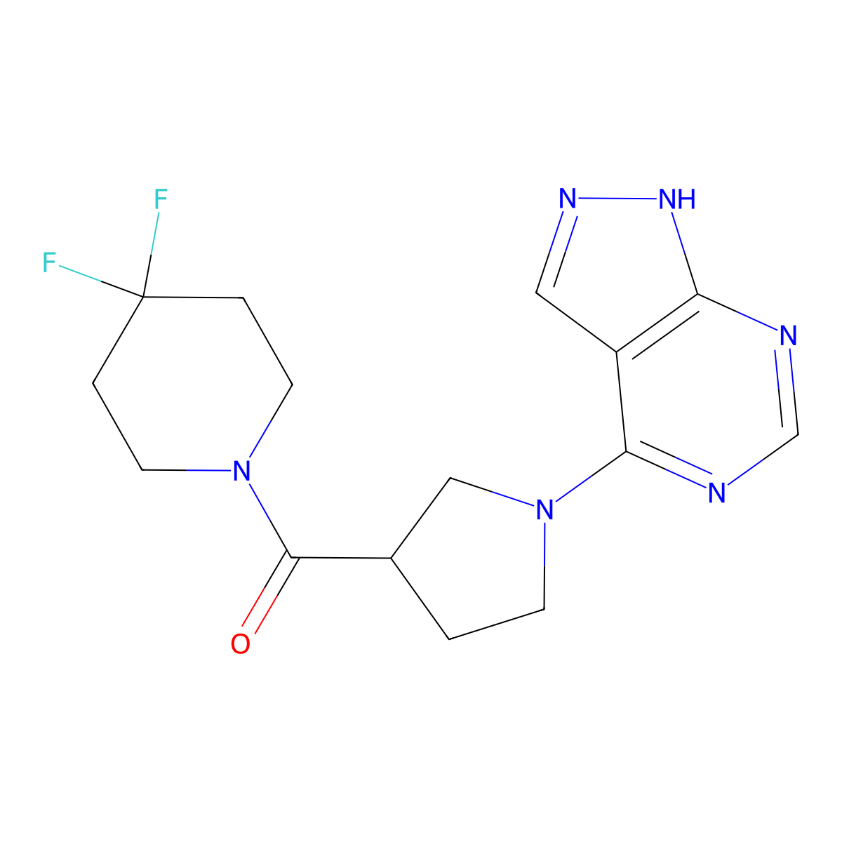 4,4-difluoro-1-(1-{1H-pyrazolo[3,4-d]pyrimidin-4-yl}pyrrolidine-3-carbonyl)piperidine molecular structure, CAS 2877760-94-4