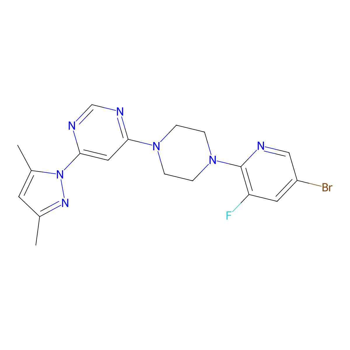 4-[4-(5-bromo-3-fluoropyridin-2-yl)piperazin-1-yl]-6-(3,5-dimethyl-1H-pyrazol-1-yl)pyrimidine molecular structure, CAS 2877761-02-7