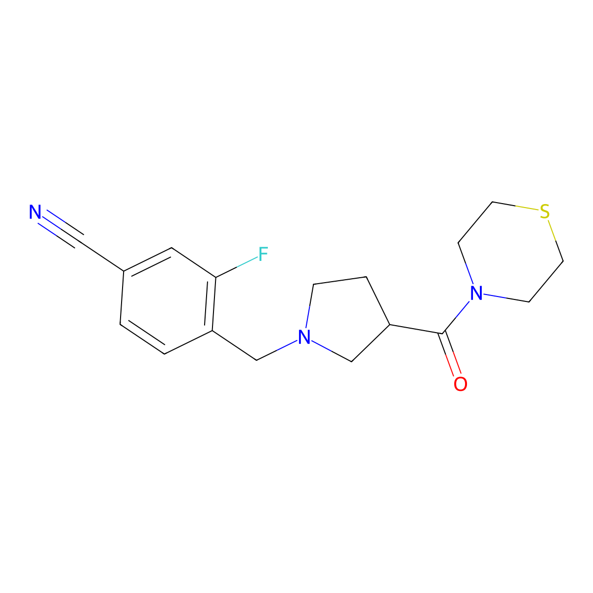3-Fluoro-4-{[3-(thiomorpholine-4-carbonyl)pyrrolidin-1-yl]methyl}benzonitrile molecular structure, CAS 2877761-21-0