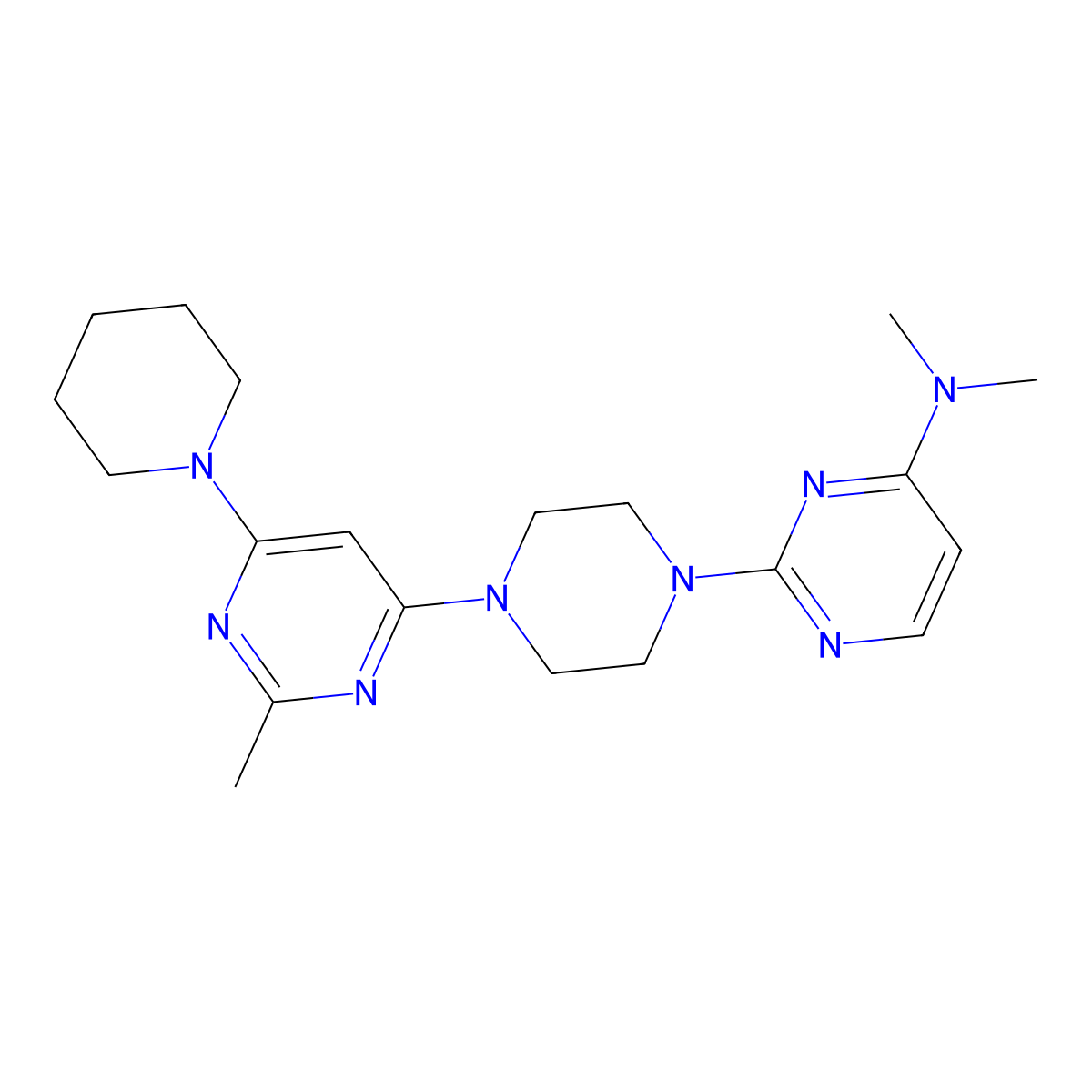 N,N-dimethyl-2-{4-[2-methyl-6-(piperidin-1-yl)pyrimidin-4-yl]piperazin-1-yl}pyrimidin-4-amine molecular structure, CAS 2877761-22-1