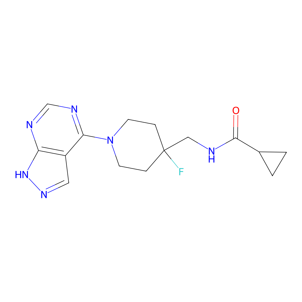 N-[(4-fluoro-1-{1H-pyrazolo[3,4-d]pyrimidin-4-yl}piperidin-4-yl)methyl]cyclopropanecarboxamide molecular structure, CAS 2877761-24-3