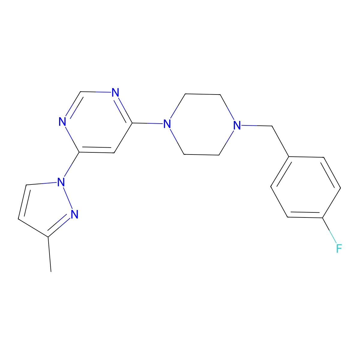 4-{4-[(4-fluorophenyl)methyl]piperazin-1-yl}-6-(3-methyl-1H-pyrazol-1-yl)pyrimidine molecular structure, CAS 2877761-25-4