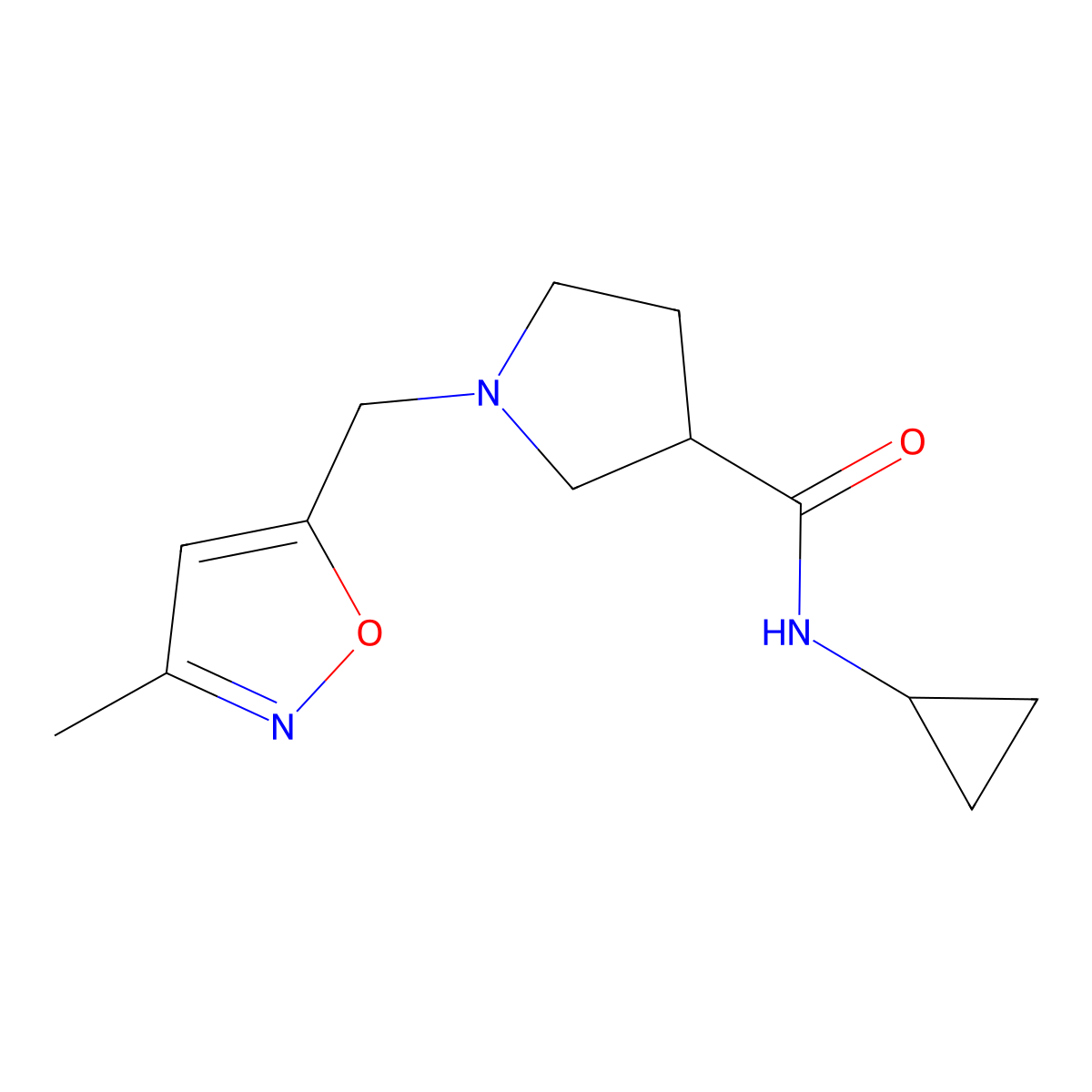 N-cyclopropyl-1-[(3-methyl-1,2-oxazol-5-yl)methyl]pyrrolidine-3-carboxamide molecular structure, CAS 2877761-28-7