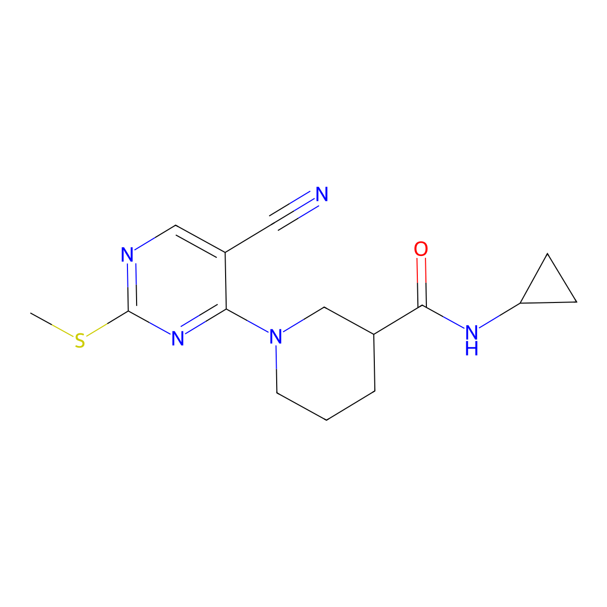 1-[5-cyano-2-(methylsulfanyl)pyrimidin-4-yl]-N-cyclopropylpiperidine-3-carboxamide molecular structure, CAS 2877761-32-3