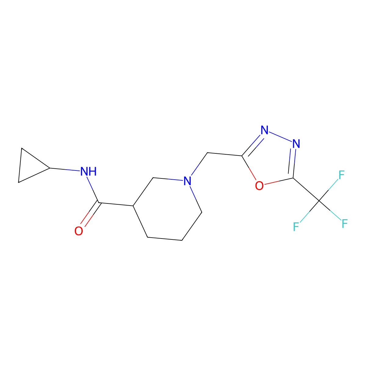 N-cyclopropyl-1-{[5-(trifluoromethyl)-1,3,4-oxadiazol-2-yl]methyl}piperidine-3-carboxamide molecular structure, CAS 2877761-41-4