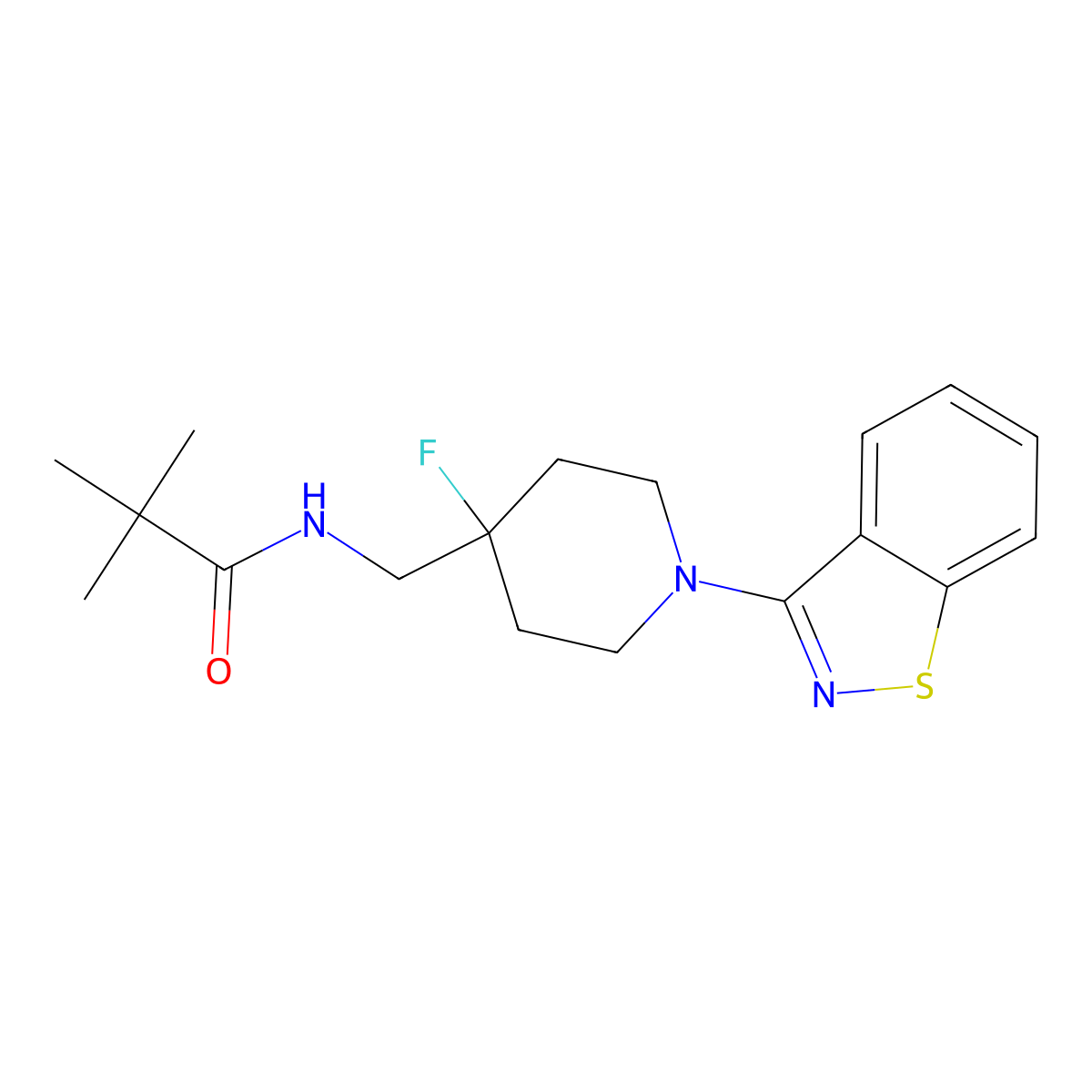 N-{[1-(1,2-benzothiazol-3-yl)-4-fluoropiperidin-4-yl]methyl}-2,2-dimethylpropanamide molecular structure, CAS 2877761-45-8