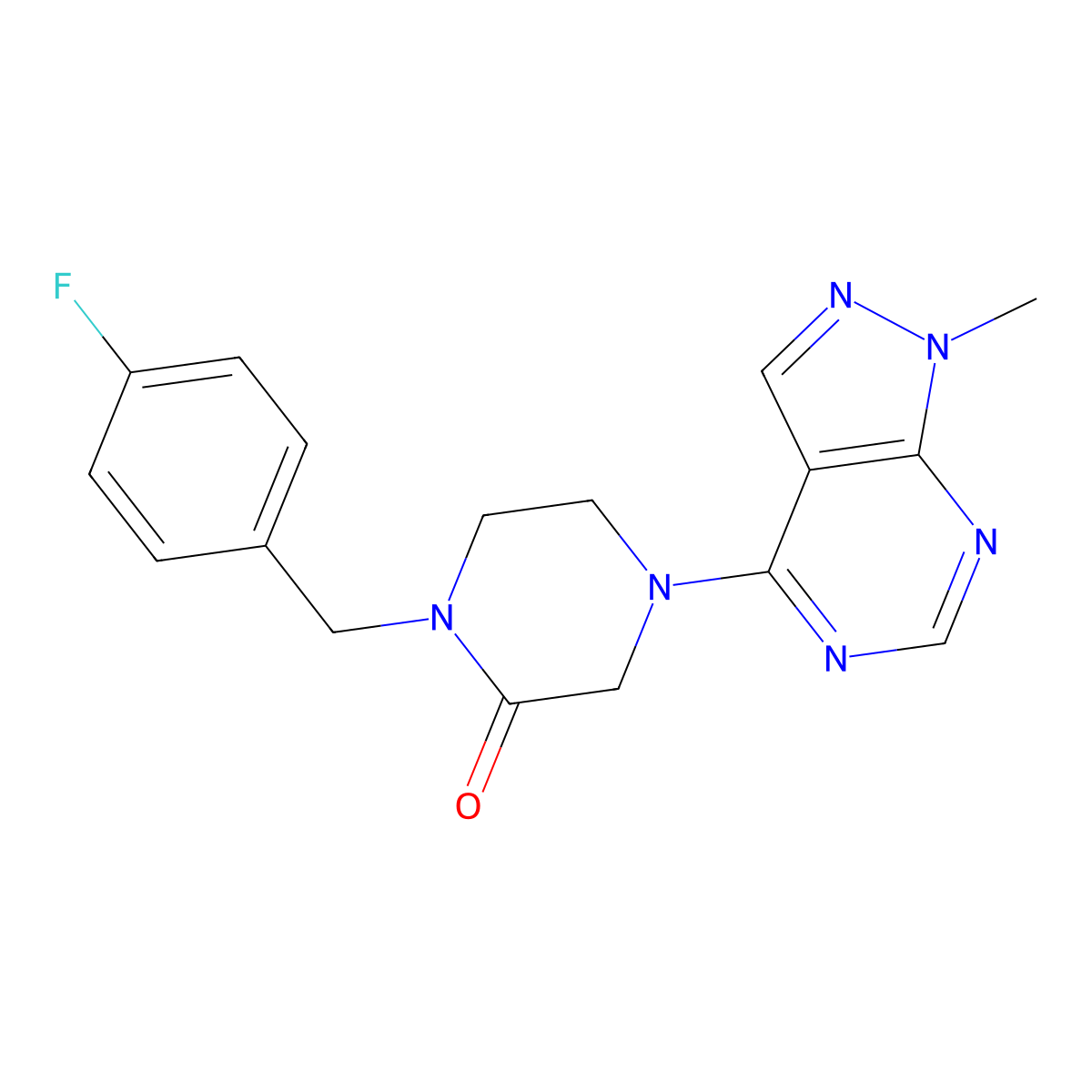 1-[(4-fluorophenyl)methyl]-4-{1-methyl-1H-pyrazolo[3,4-d]pyrimidin-4-yl}piperazin-2-one molecular structure, CAS 2877761-47-0