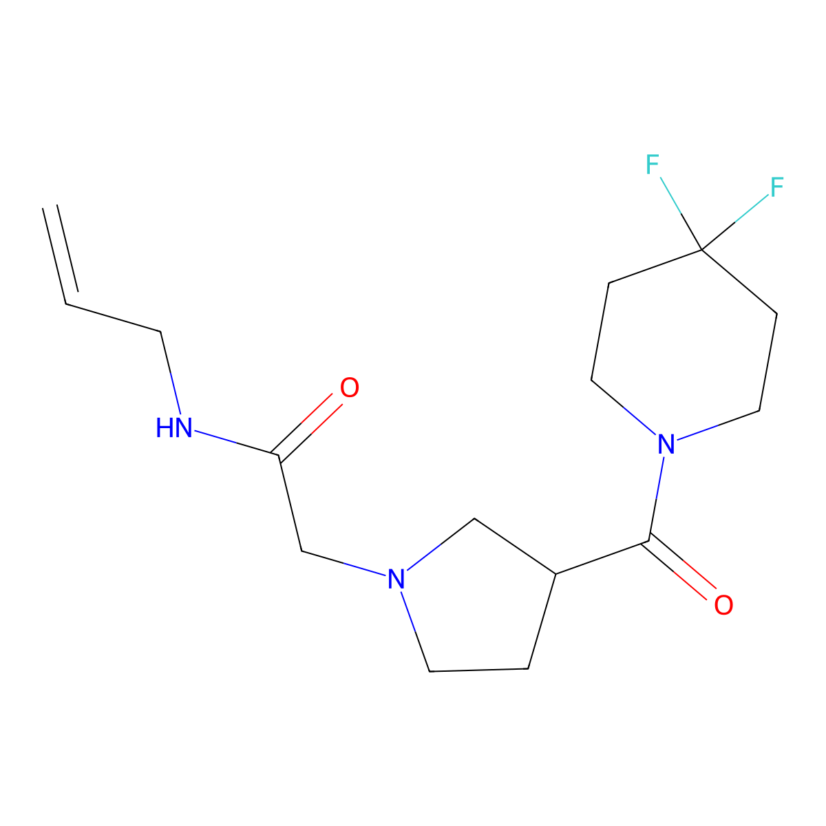 2-[3-(4,4-difluoropiperidine-1-carbonyl)pyrrolidin-1-yl]-N-(prop-2-en-1-yl)acetamide molecular structure, CAS 2877761-48-1