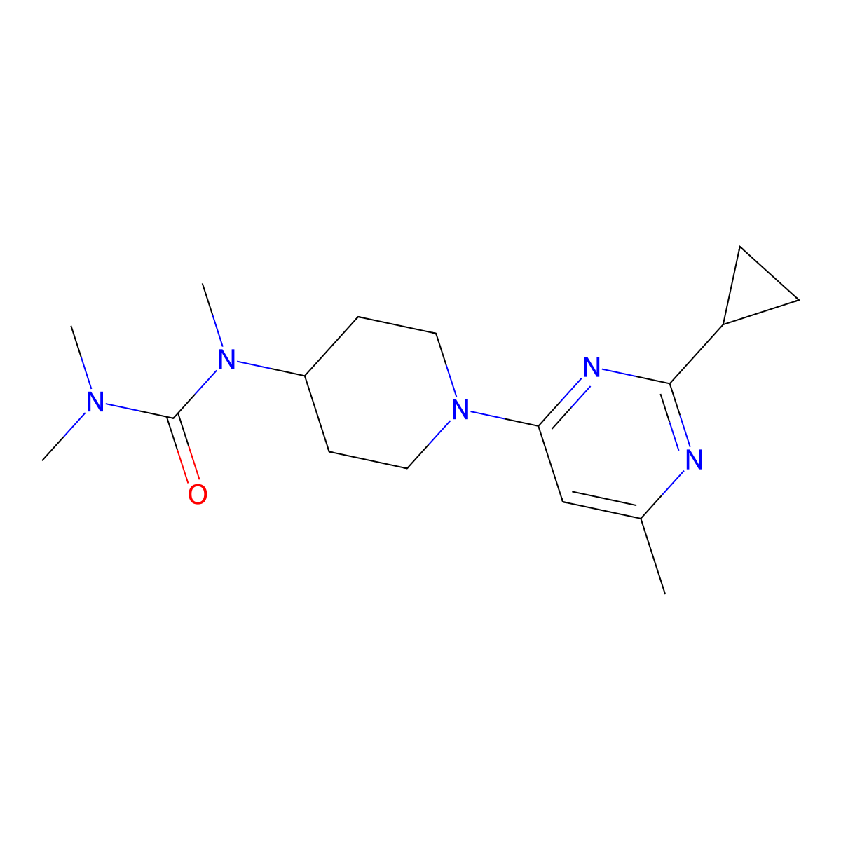 1-[1-(2-Cyclopropyl-6-methylpyrimidin-4-yl)piperidin-4-yl]-1,3,3-trimethylurea molecular structure, CAS 2877761-54-9