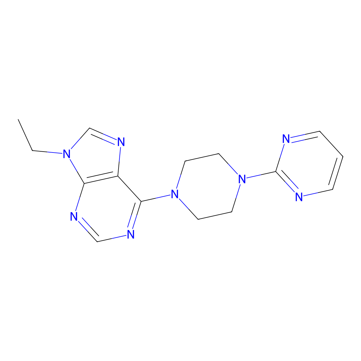 9-ethyl-6-[4-(pyrimidin-2-yl)piperazin-1-yl]-9H-purine molecular structure, CAS 2877761-59-4