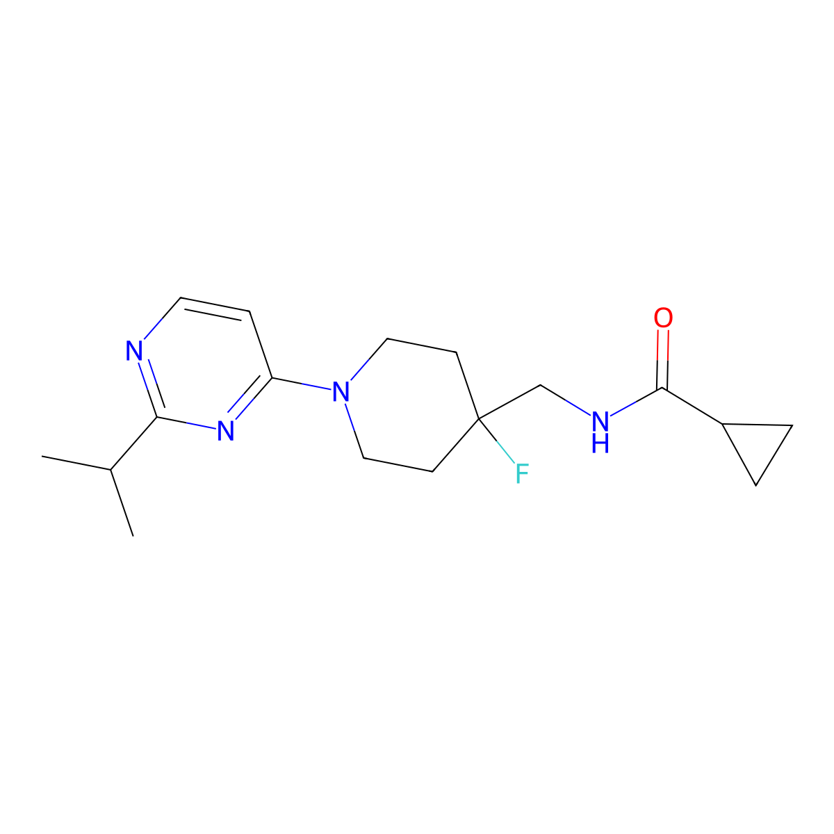 N-({4-fluoro-1-[2-(propan-2-yl)pyrimidin-4-yl]piperidin-4-yl}methyl)cyclopropanecarboxamide molecular structure, CAS 2877761-68-5