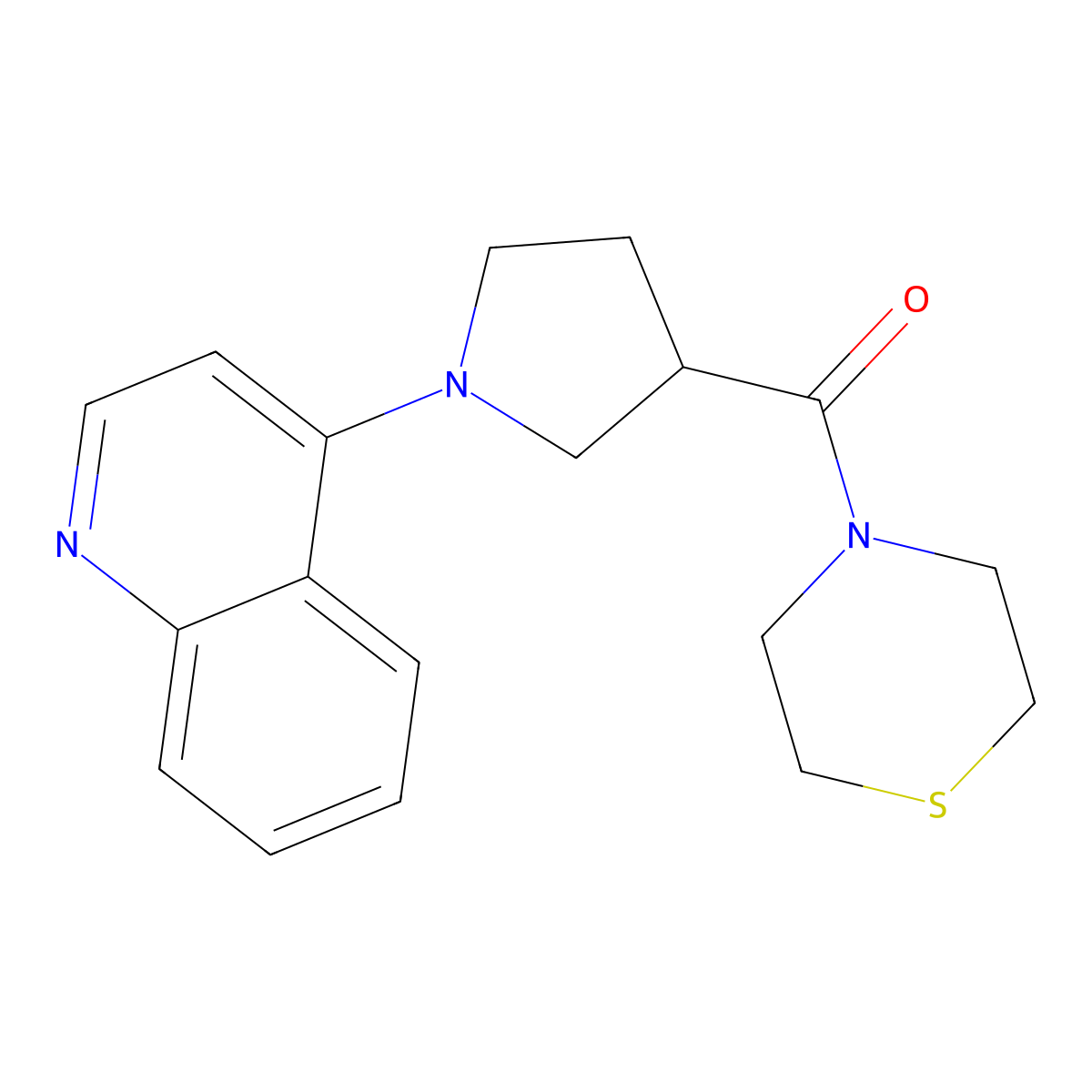 4-[3-(Thiomorpholine-4-carbonyl)pyrrolidin-1-yl]quinoline molecular structure, CAS 2877761-71-0