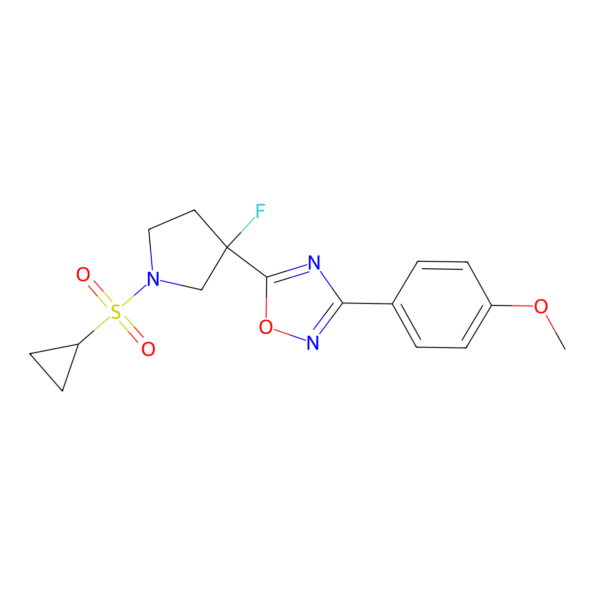 5-[1-(Cyclopropanesulfonyl)-3-fluoropyrrolidin-3-yl]-3-(4-methoxyphenyl)-1,2,4-oxadiazole molecular structure, CAS 2877761-77-6