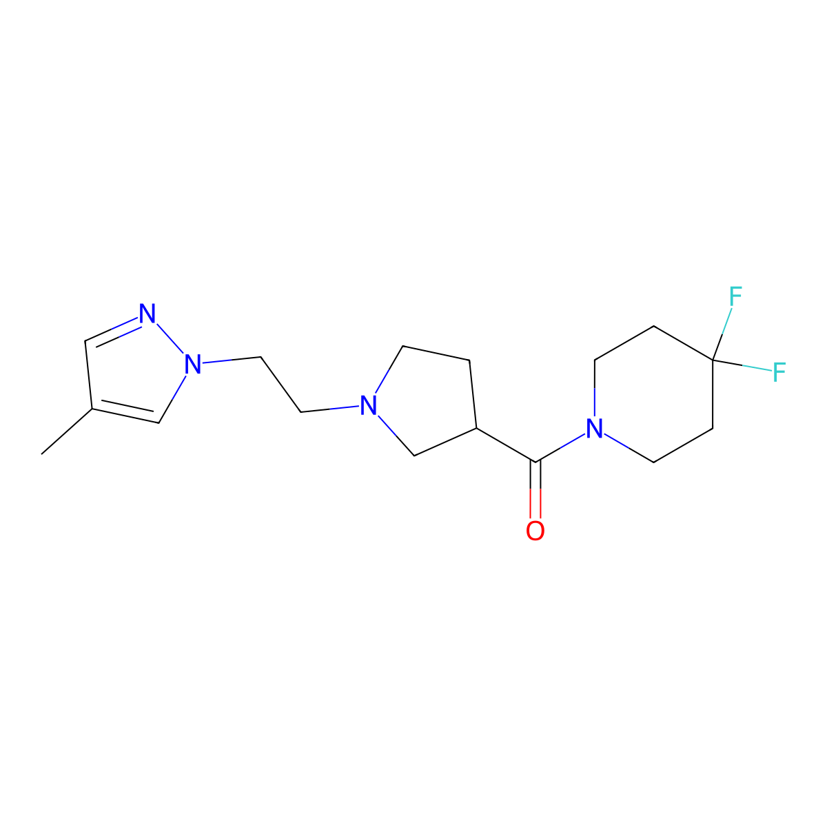 4,4-difluoro-1-{1-[2-(4-methyl-1H-pyrazol-1-yl)ethyl]pyrrolidine-3-carbonyl}piperidine molecular structure, CAS 2877761-80-1