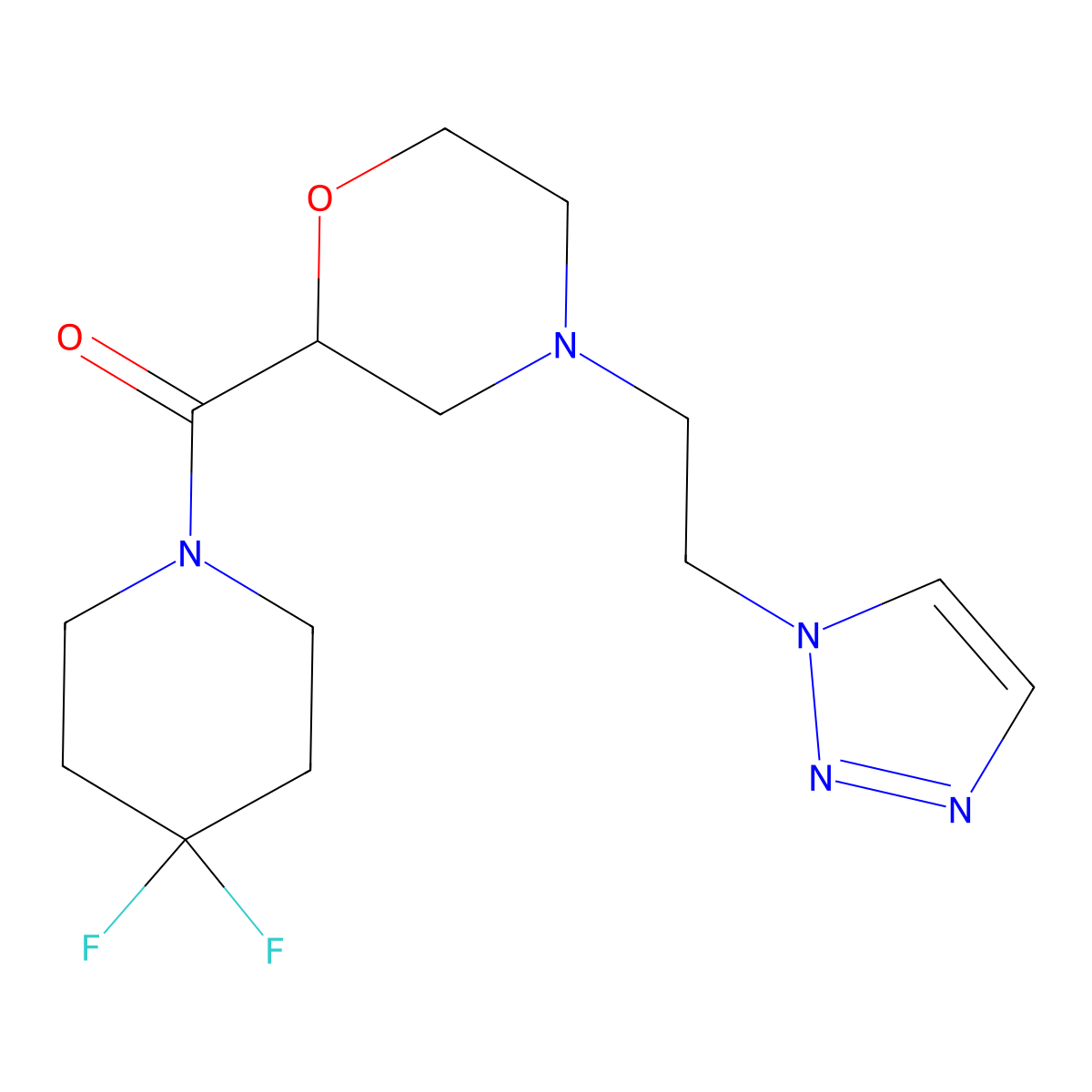2-(4,4-difluoropiperidine-1-carbonyl)-4-[2-(1H-1,2,3-triazol-1-yl)ethyl]morpholine molecular structure, CAS 2877761-81-2