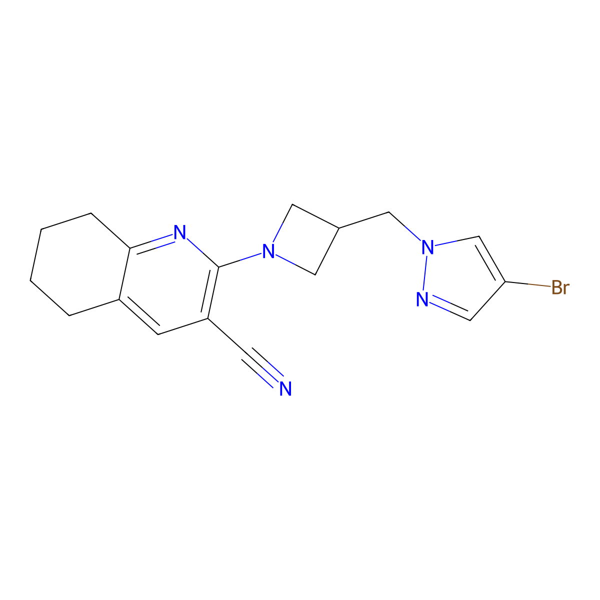 2-{3-[(4-bromo-1H-pyrazol-1-yl)methyl]azetidin-1-yl}-5,6,7,8-tetrahydroquinoline-3-carbonitrile molecular structure, CAS 2877761-82-3
