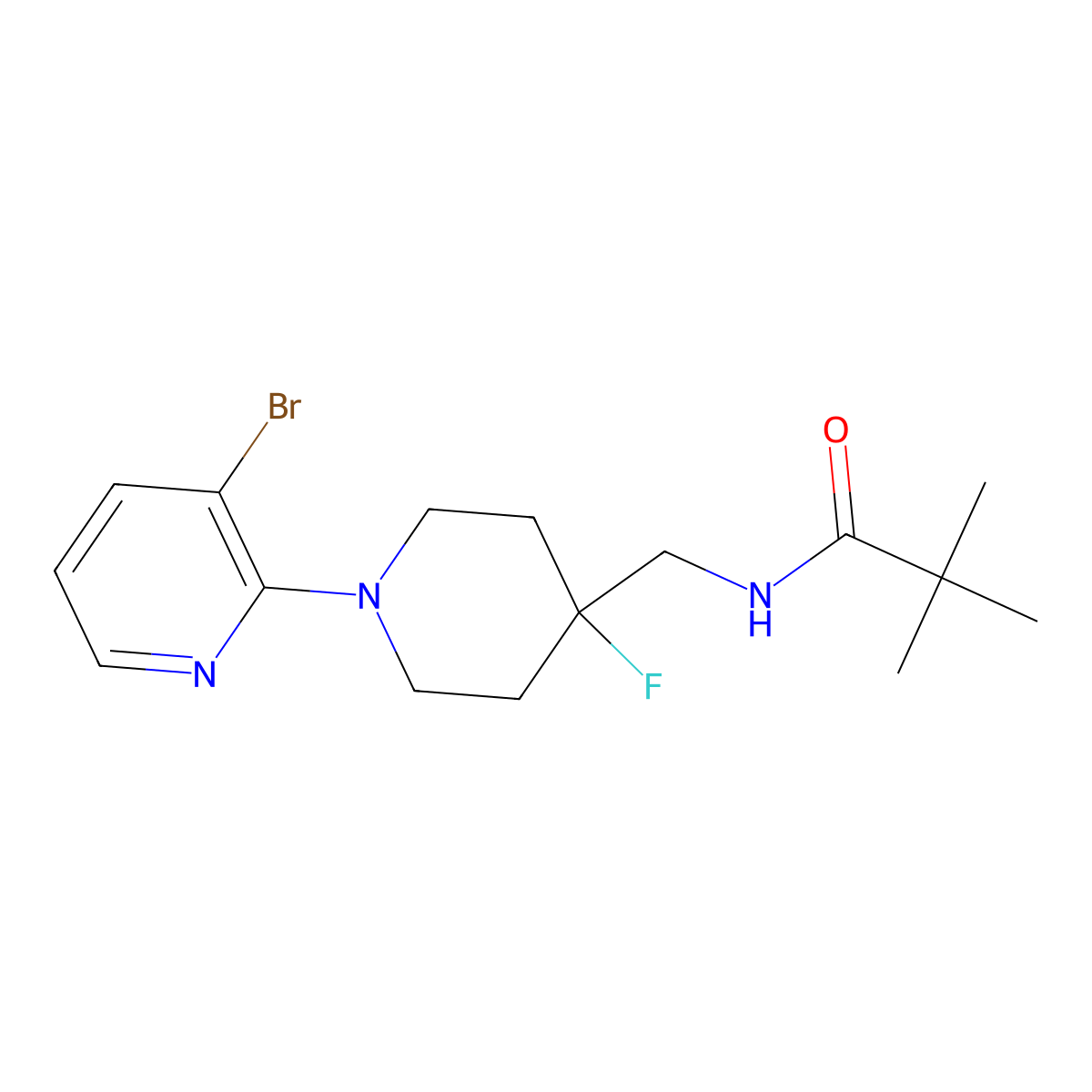 N-{[1-(3-bromopyridin-2-yl)-4-fluoropiperidin-4-yl]methyl}-2,2-dimethylpropanamide molecular structure, CAS 2877761-93-6