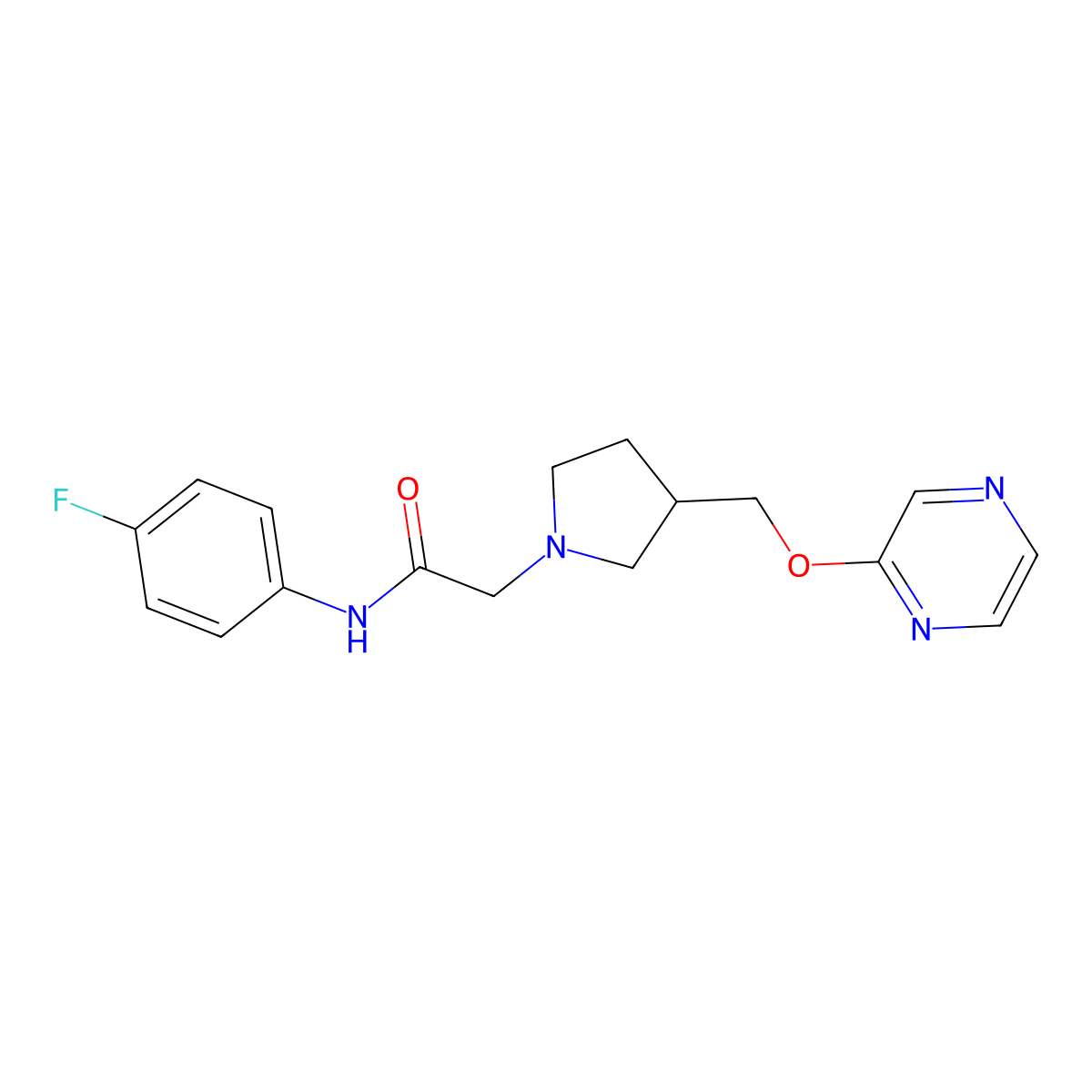 N-(4-fluorophenyl)-2-{3-[(pyrazin-2-yloxy)methyl]pyrrolidin-1-yl}acetamide molecular structure, CAS 2877762-00-8