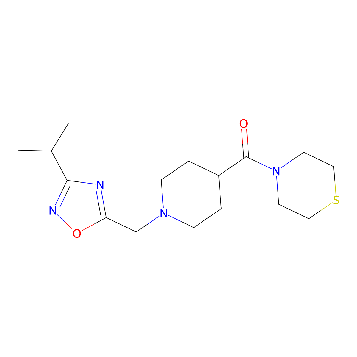 4-(1-{[3-(Propan-2-yl)-1,2,4-oxadiazol-5-yl]methyl}piperidine-4-carbonyl)thiomorpholine molecular structure, CAS 2877762-02-0
