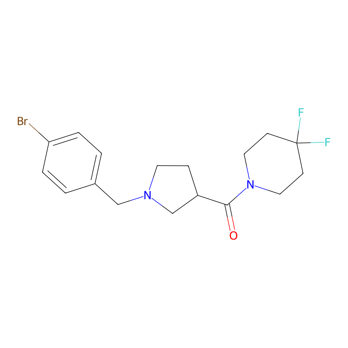 1-{1-[(4-Bromophenyl)methyl]pyrrolidine-3-carbonyl}-4,4-difluoropiperidine molecular structure, CAS 2877762-03-1