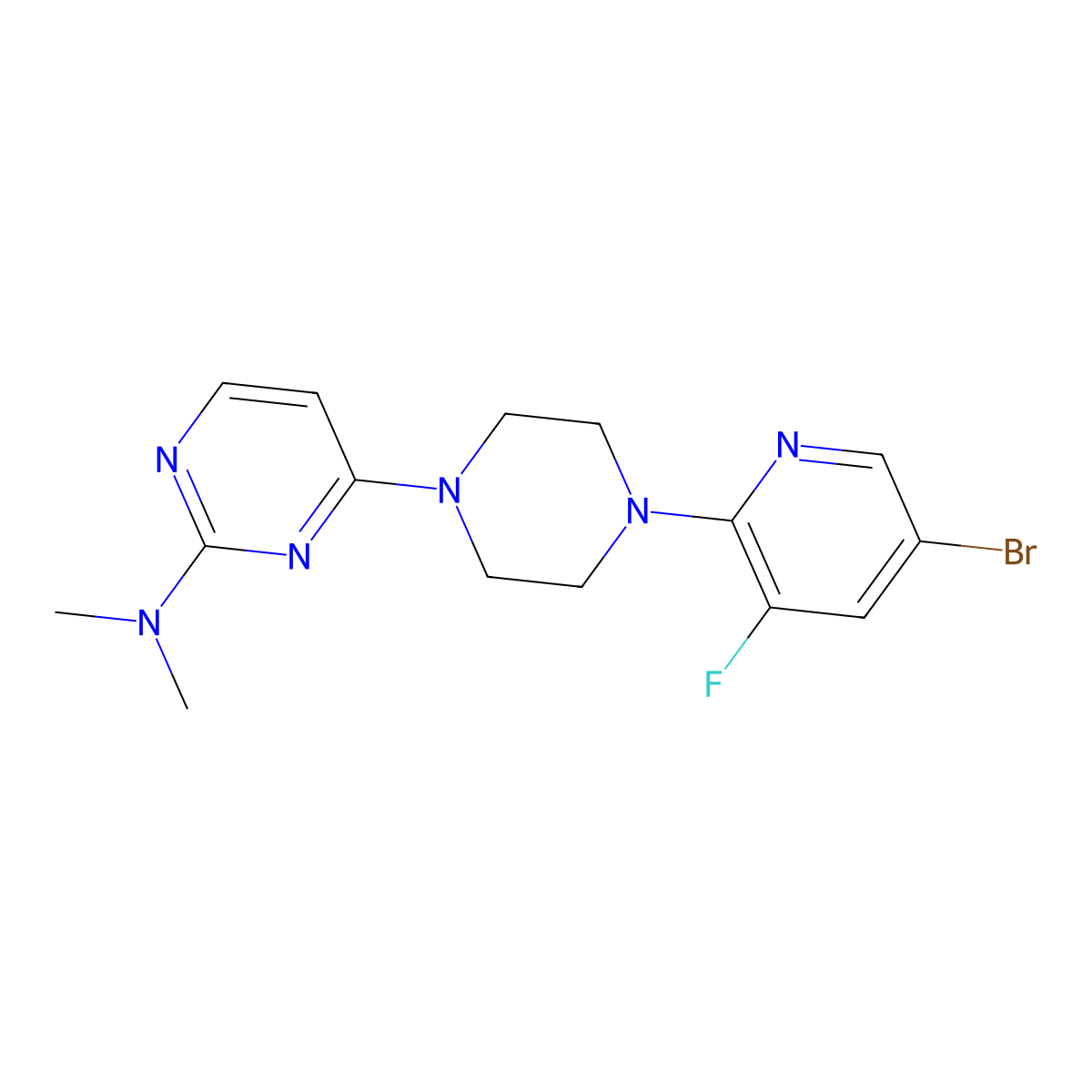4-[4-(5-bromo-3-fluoropyridin-2-yl)piperazin-1-yl]-N,N-dimethylpyrimidin-2-amine molecular structure, CAS 2877762-07-5