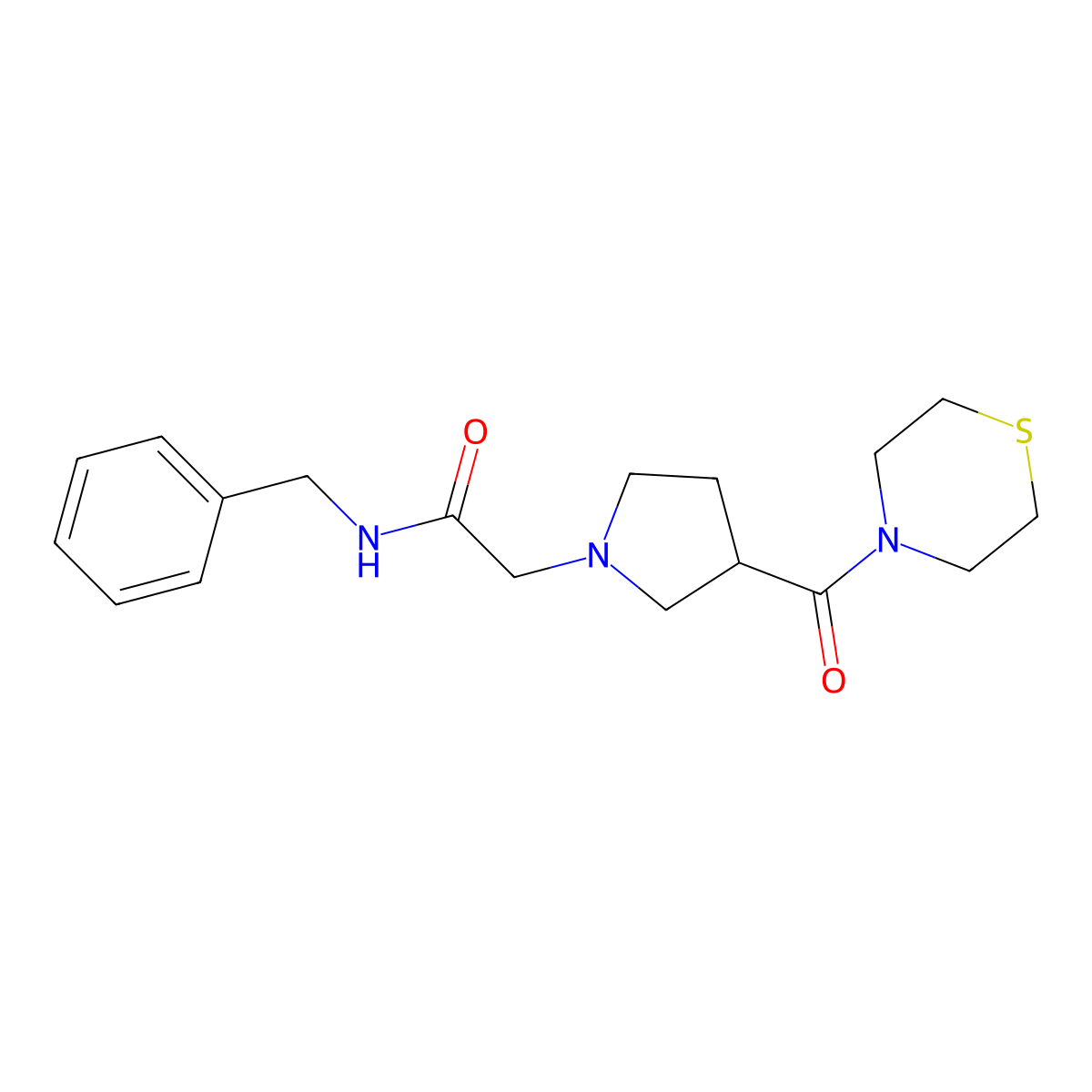 N-benzyl-2-[3-(thiomorpholine-4-carbonyl)pyrrolidin-1-yl]acetamide molecular structure, CAS 2877762-08-6