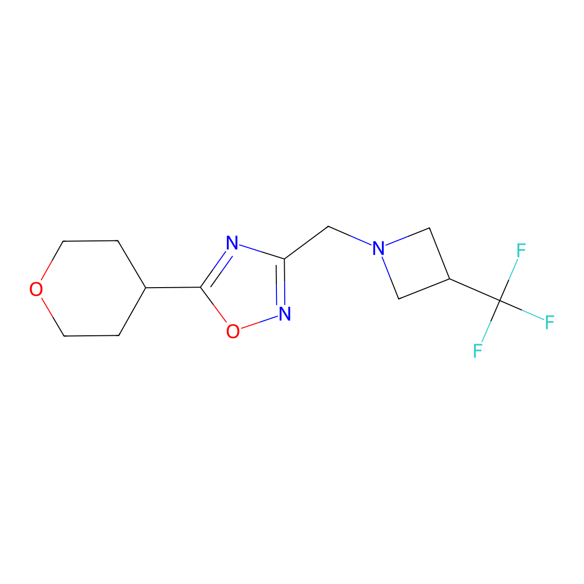 5-(Oxan-4-yl)-3-{[3-(trifluoromethyl)azetidin-1-yl]methyl}-1,2,4-oxadiazole molecular structure, CAS 2877762-11-1